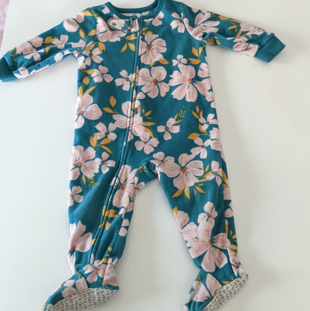 Super soft fleece footed floral teal pajamas - Carter's 12 month